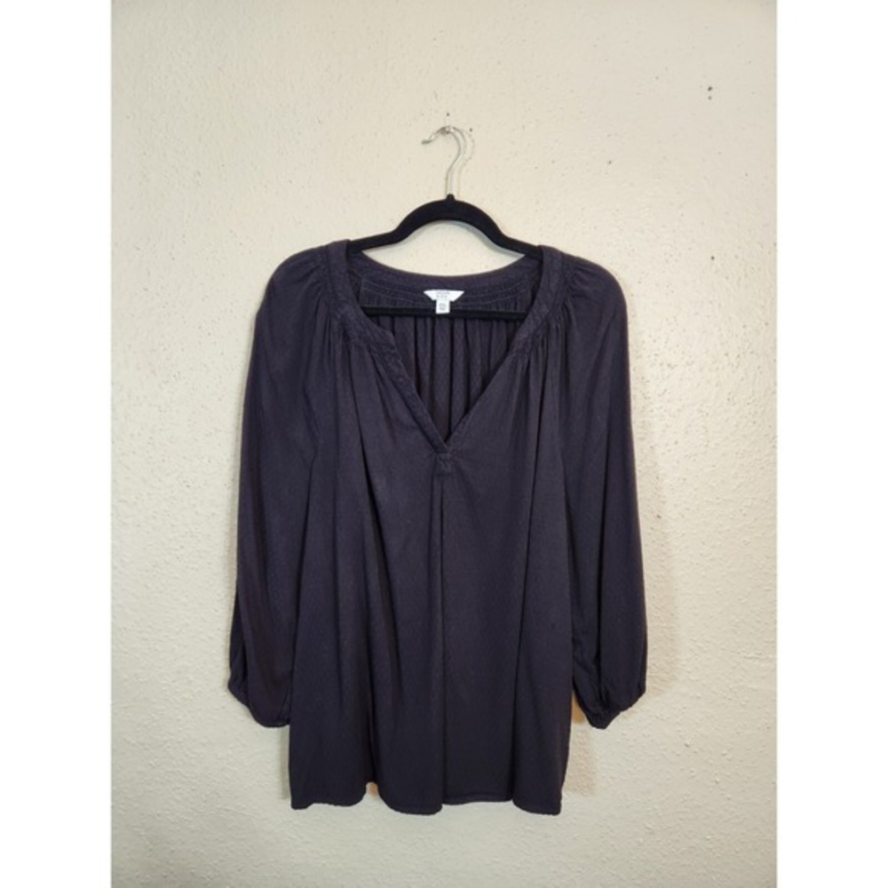 Crown & Ivy Women's Black Spilt V-Neck Puff Long Sleeve Blouse Size Petite XL